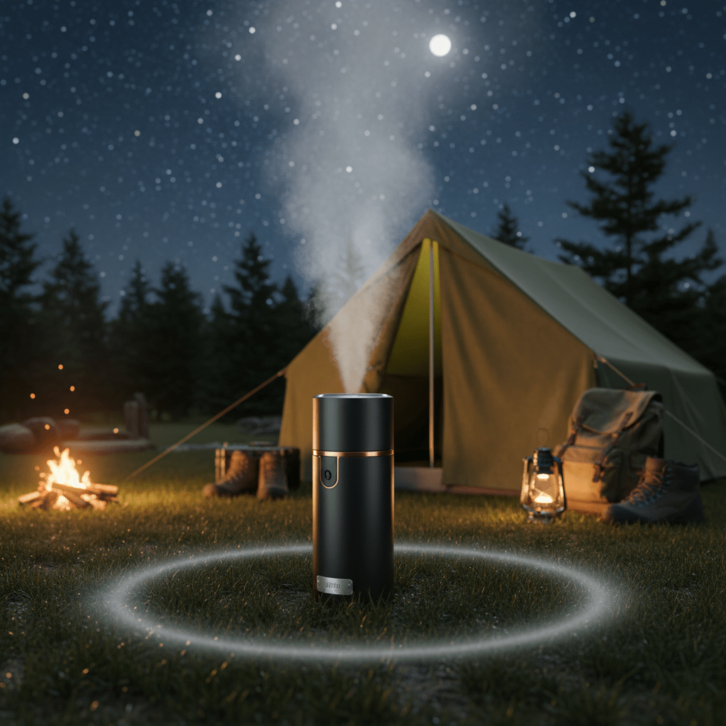 Ultra-portable mosquito fogger machine beside a camping tent at night.