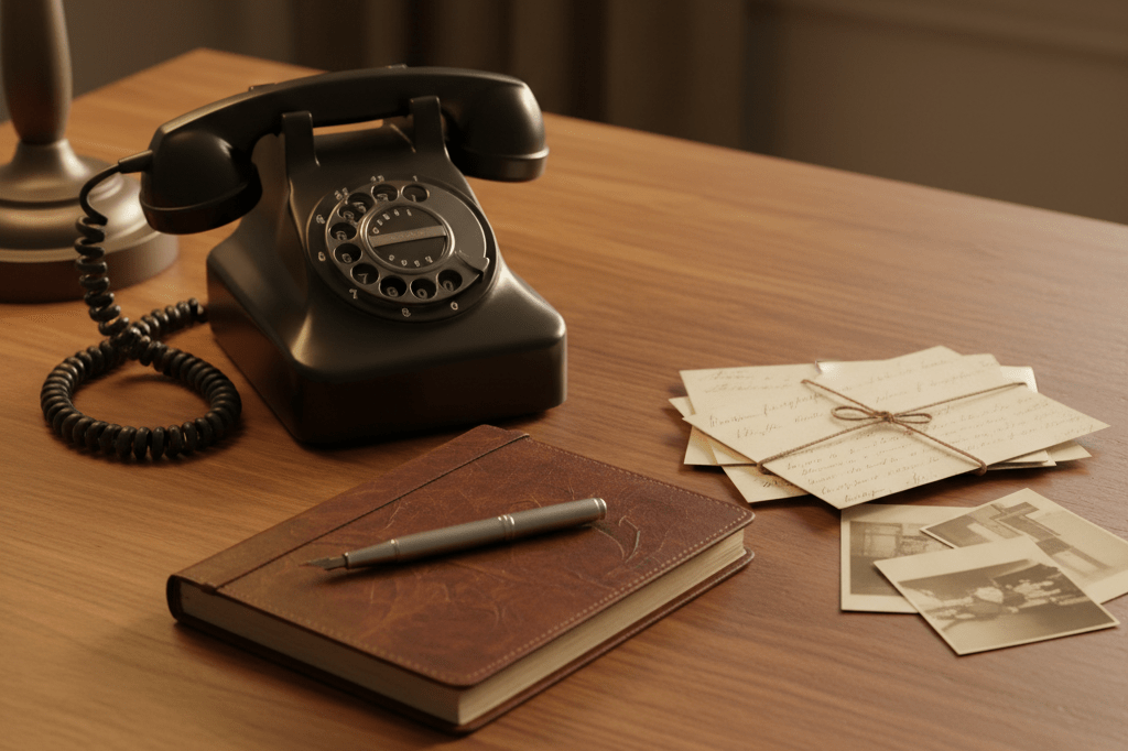 Warmly lit desk with vintage items like a rotary phone and notebook, representing nostalgia-driven marketing strategies
