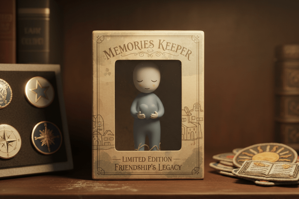 Vintage collectible box with figurine displayed among nostalgic memorabilia under warm ambient lighting