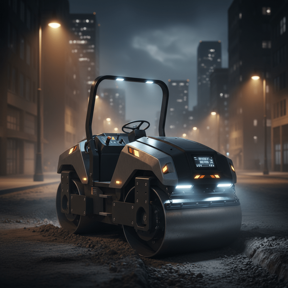 Modern electric soil compactor working on an urban street at night.