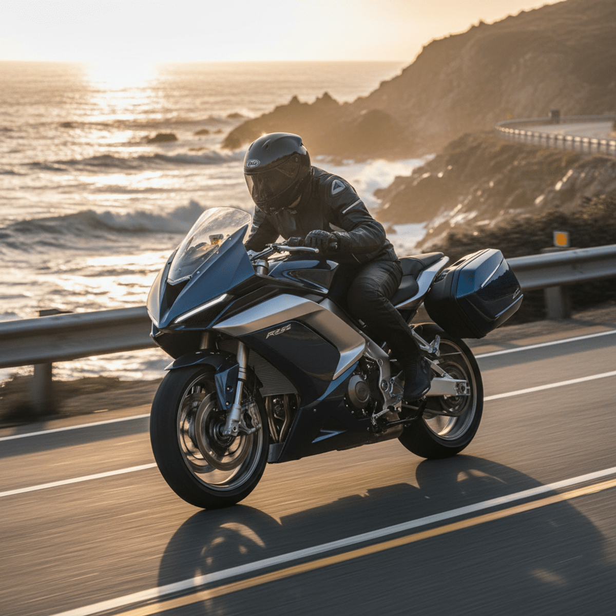 Sport touring motorcycle on a scenic coastal highway at golden hour. Sport touring motorcycle with luggage leans into a curve on a coastal highway.