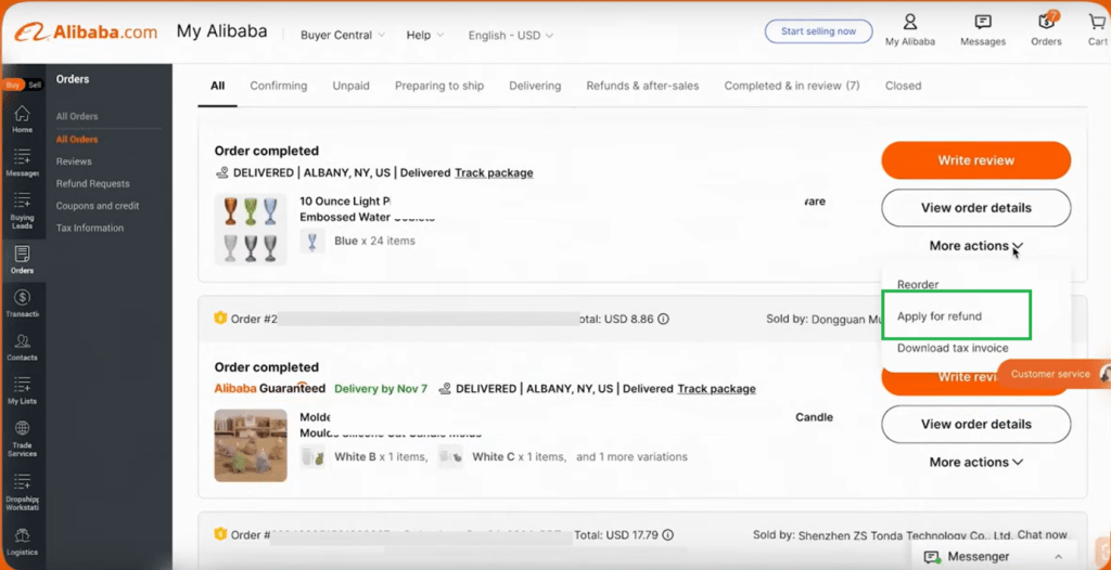 Buyers can use the order page’s 'Apply for Refund' button