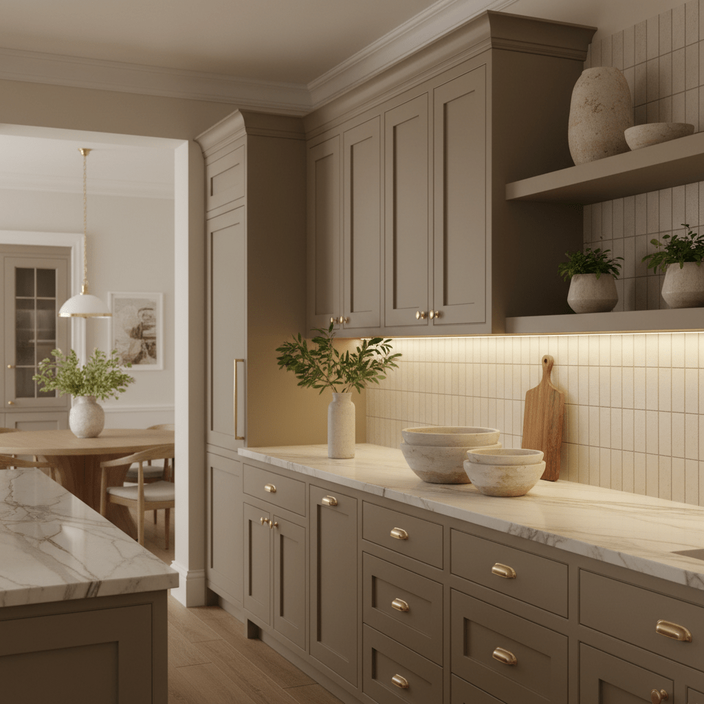 Elegant greige-tan kitchen with polished marble, warm lighting, and ceramic accents.