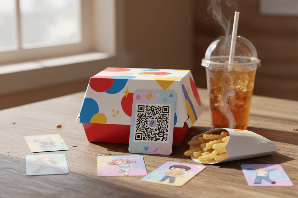 Close-up view of a fast food meal featuring collectible cards and QR code under warm ambient lighting