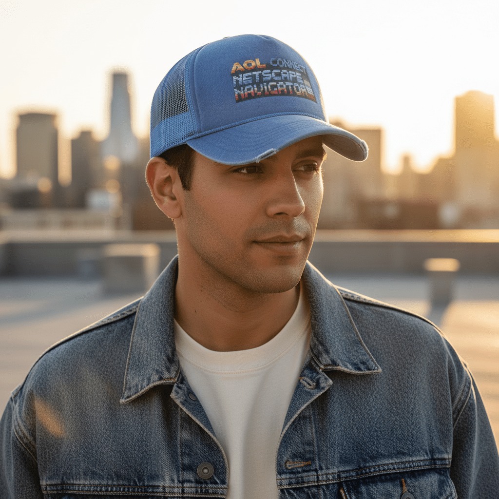 Men's Y2K outfit with vintage graphic trucker hat and denim jacket on rooftop.