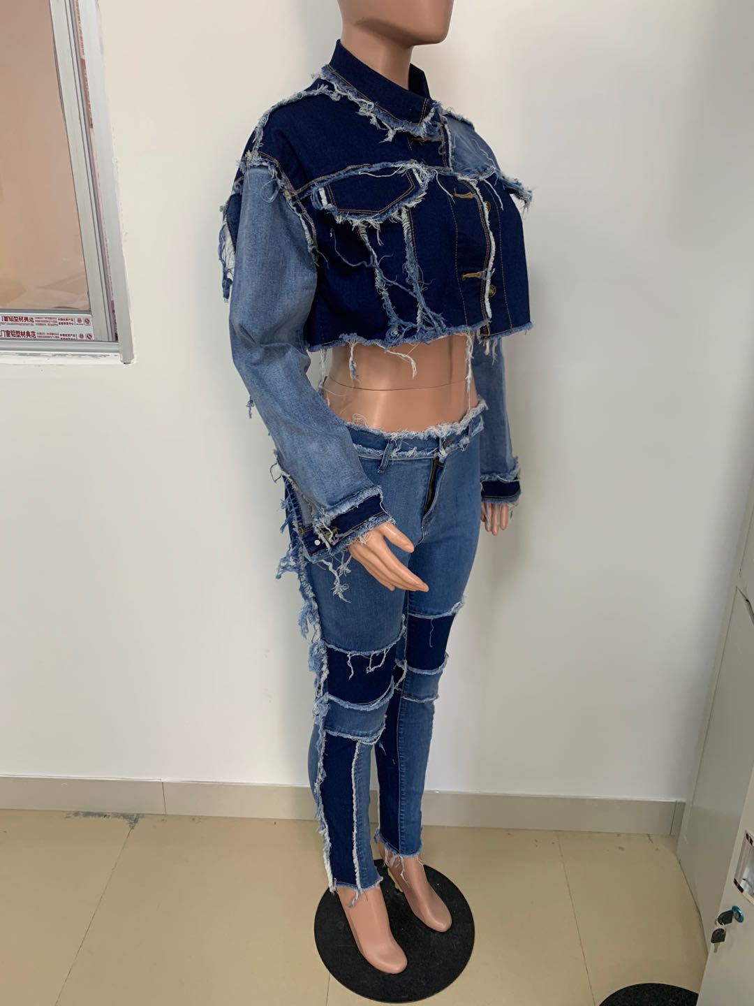 运动服女士牛仔拼布夹克牛仔裤裤子套装运动服两件套健身服装