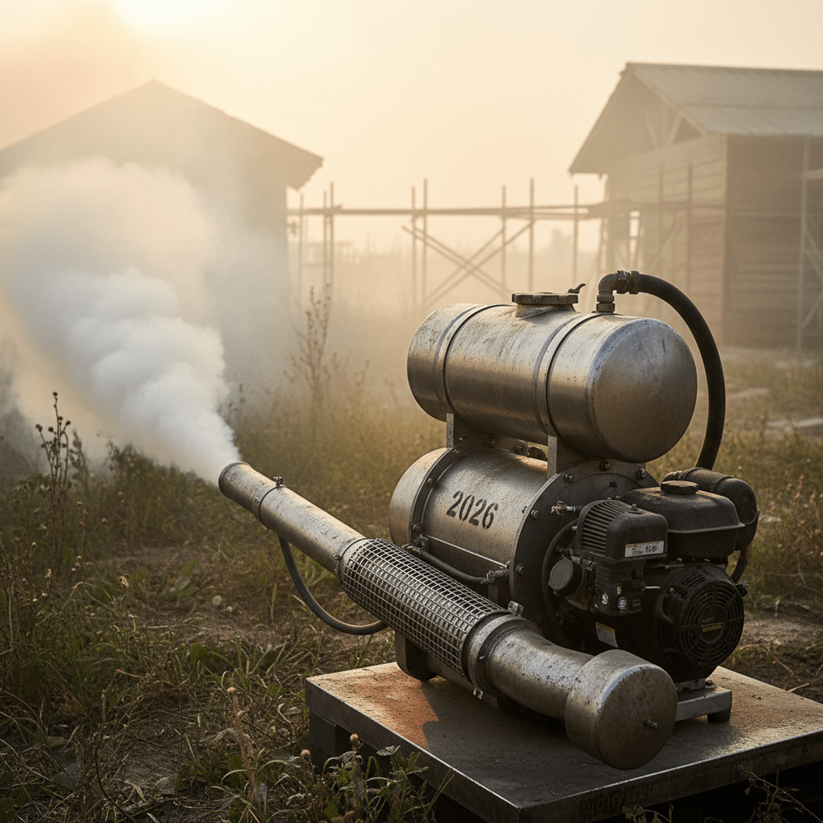Heavy-duty fogger machine emits thick white fog on a dusty construction site.