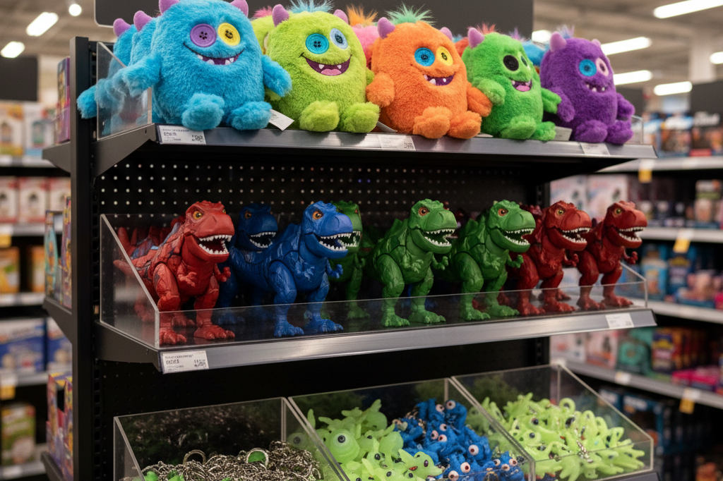 Medium shot of colorful monster plush toys and novelty items on a sleek black retail display fixture under natural store lighting