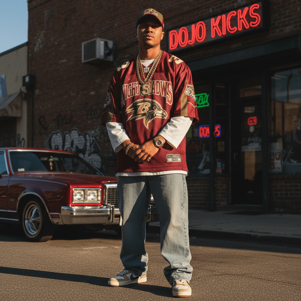 Model in vintage mesh football jersey, 90s hip hop style, street scene.