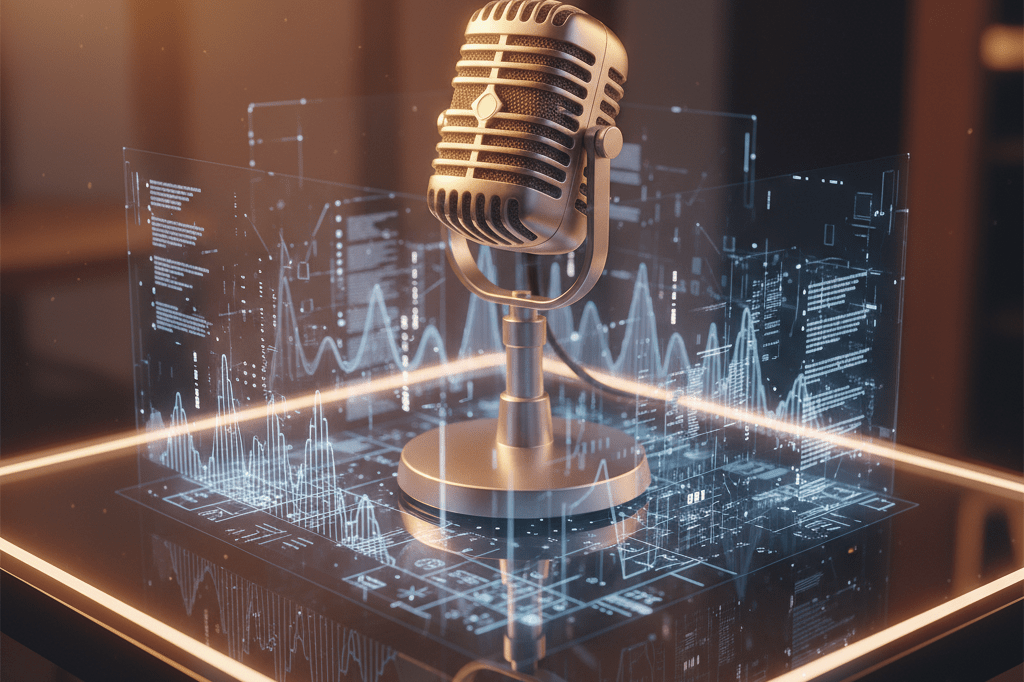 Close-up view of a vintage microphone with holographic sound wave projections under soft studio lighting, symbolizing AI-driven voice synthesis technology.