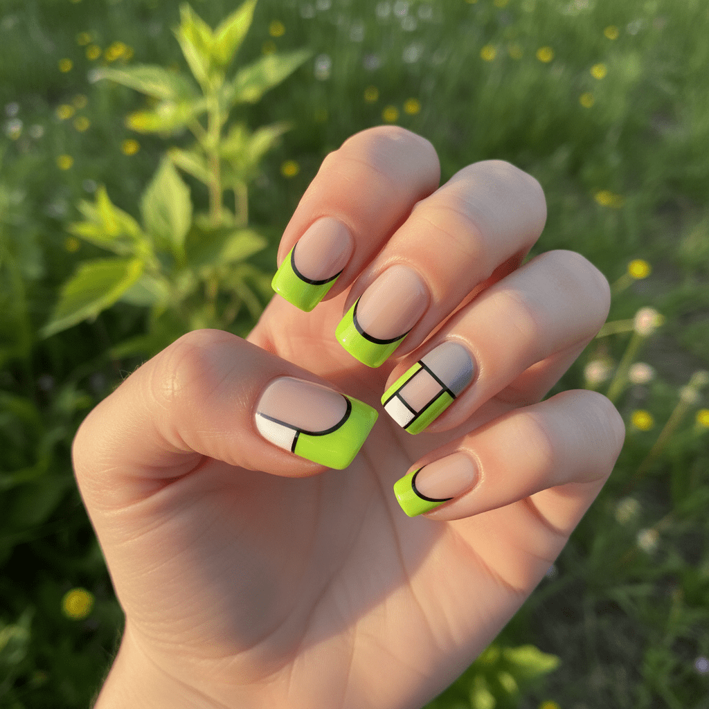 Graphic nail design with cyber lime, color-blocking, and French tips in golden hour light.