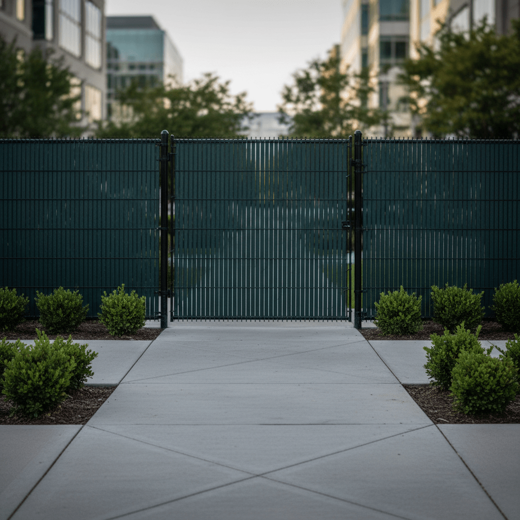 Black vinyl-coated chain link fence with privacy slats in a commercial setting.