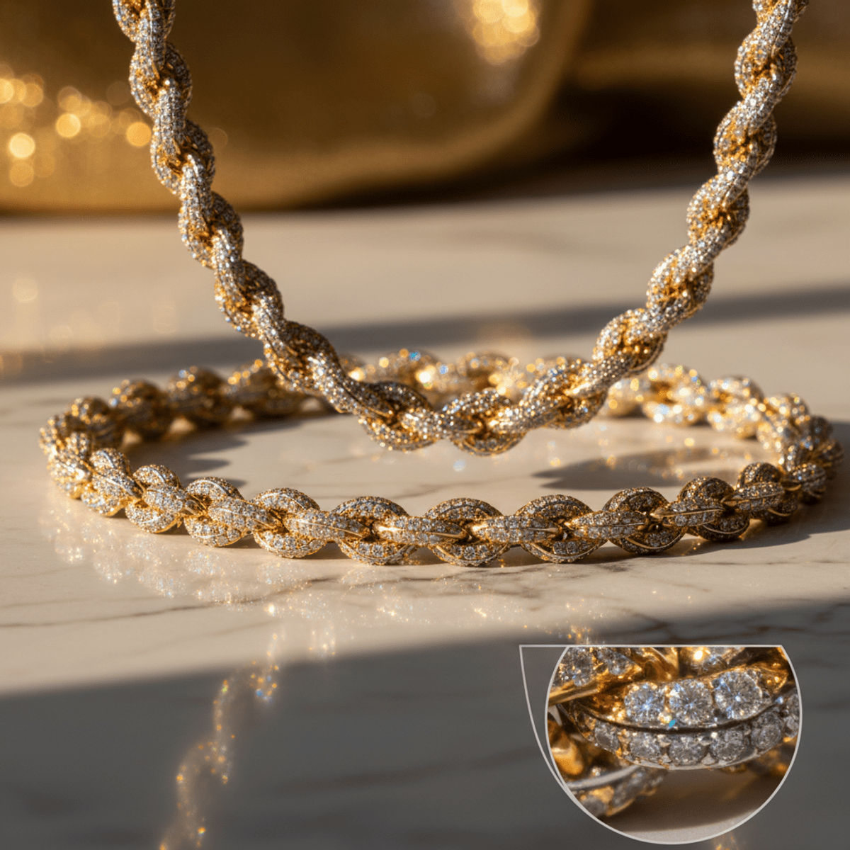 Luxurious moissanite diamond rope chain on polished marble, shimmering with light.