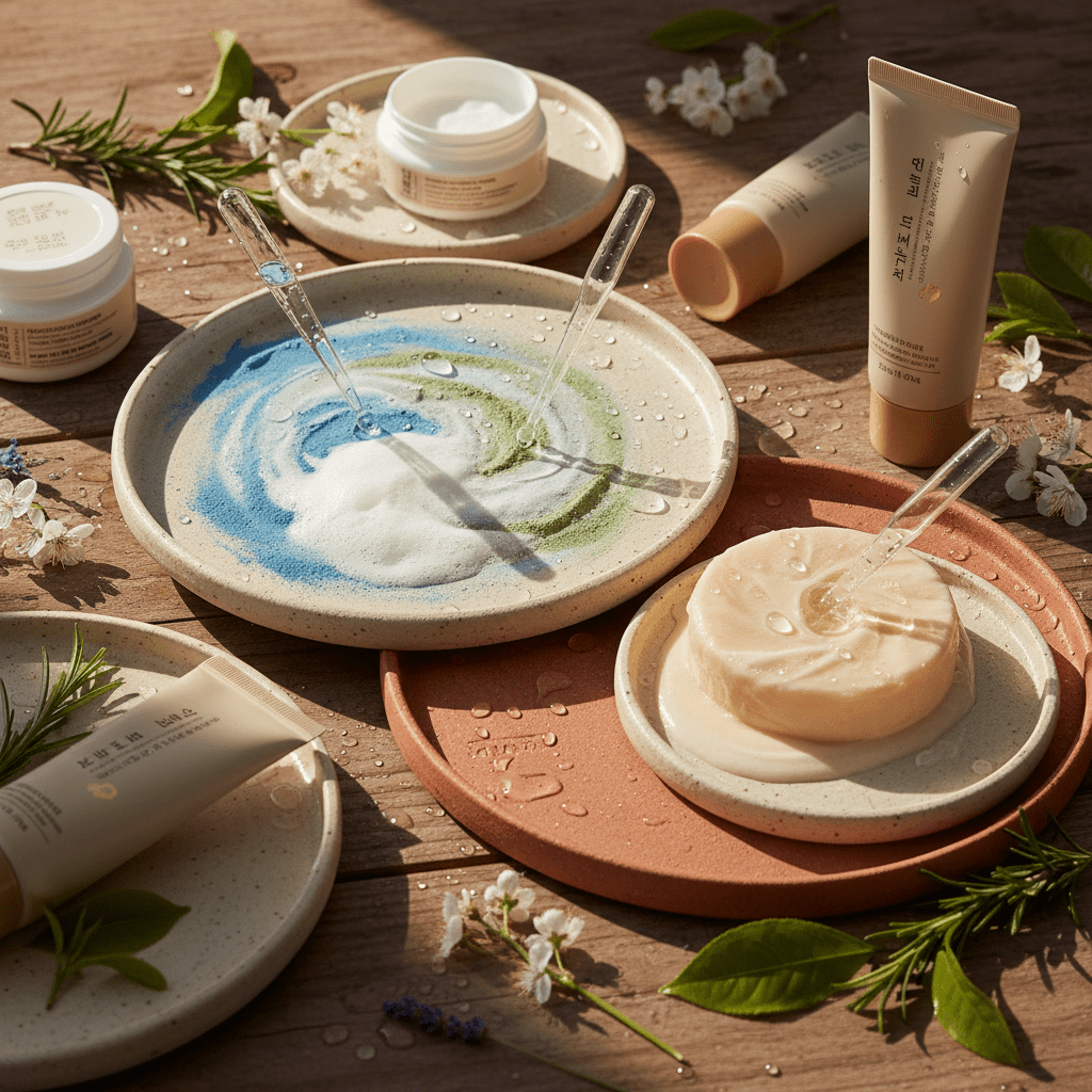 Luxurious Korean hair care flat lay with botanical accents Luxurious Korean hair care products in swirling patterns with water droplets and botanicals.