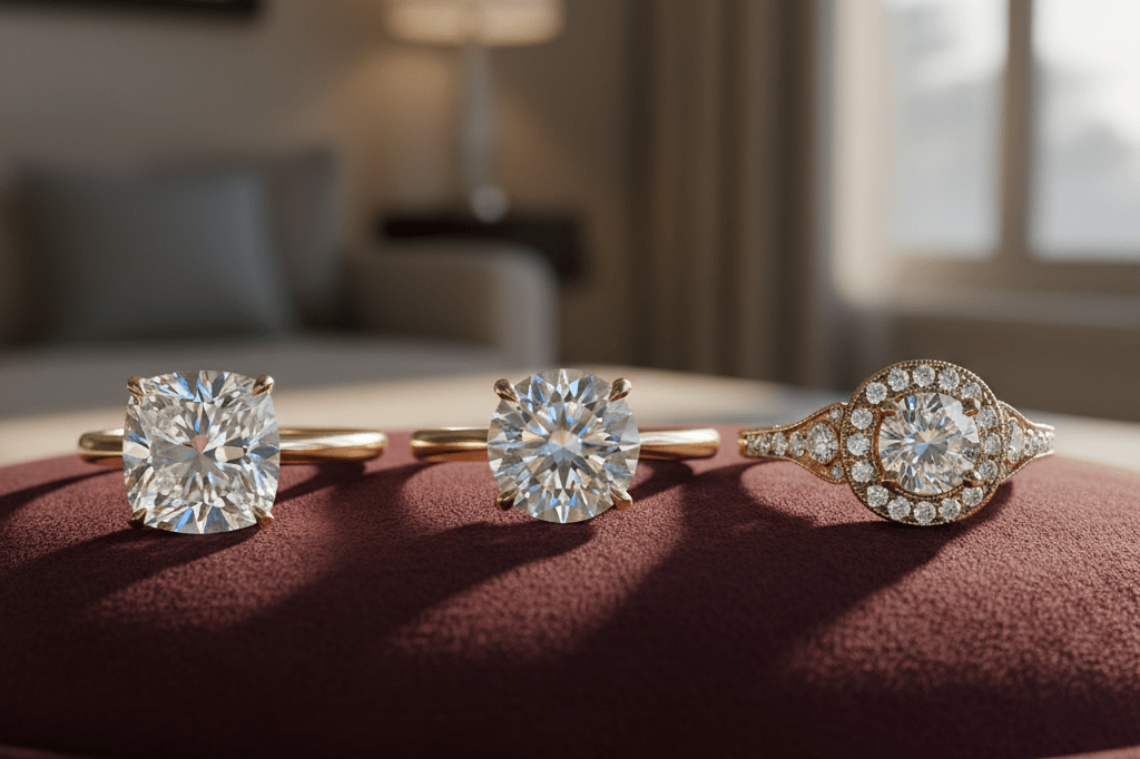 Close-up of cushion-cut and vintage-style engagement rings on velvet under warm natural light, showcasing intricate details and timeless design