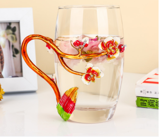 Heat Resistant Embossed Luxury Enamel Crystal Flower Brew Peach Blossom Metal Handle Violet Glass Tea Romantic Iris Cup For Lady