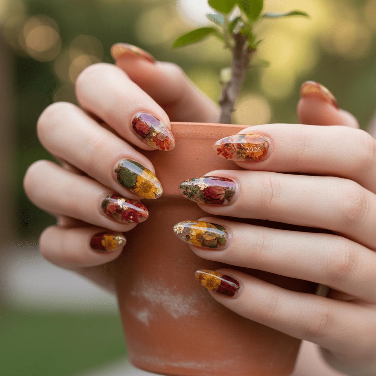 Hands with sustainable botanical encapsulated nails featuring dried florals in earthy tones.