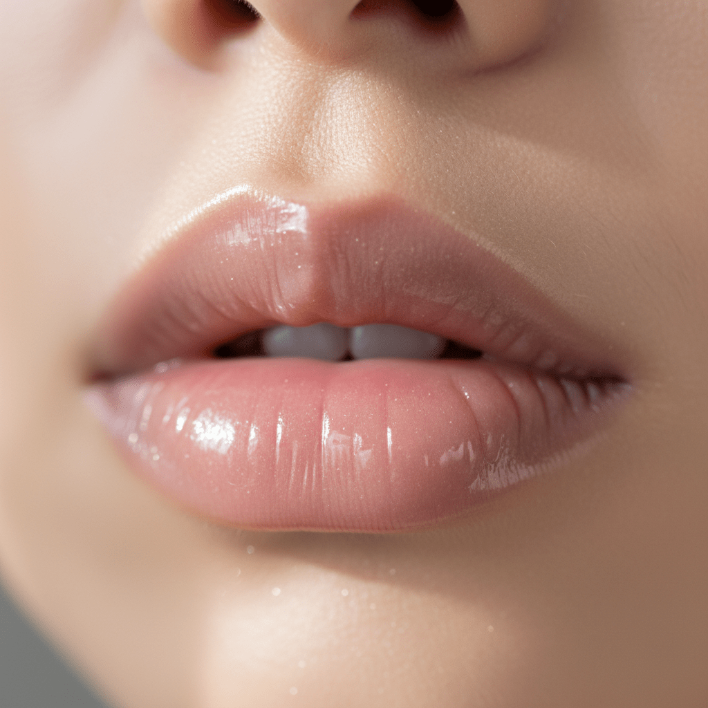Macro shot of Korean lip gloss with a luminous liquid glass finish on full lips.