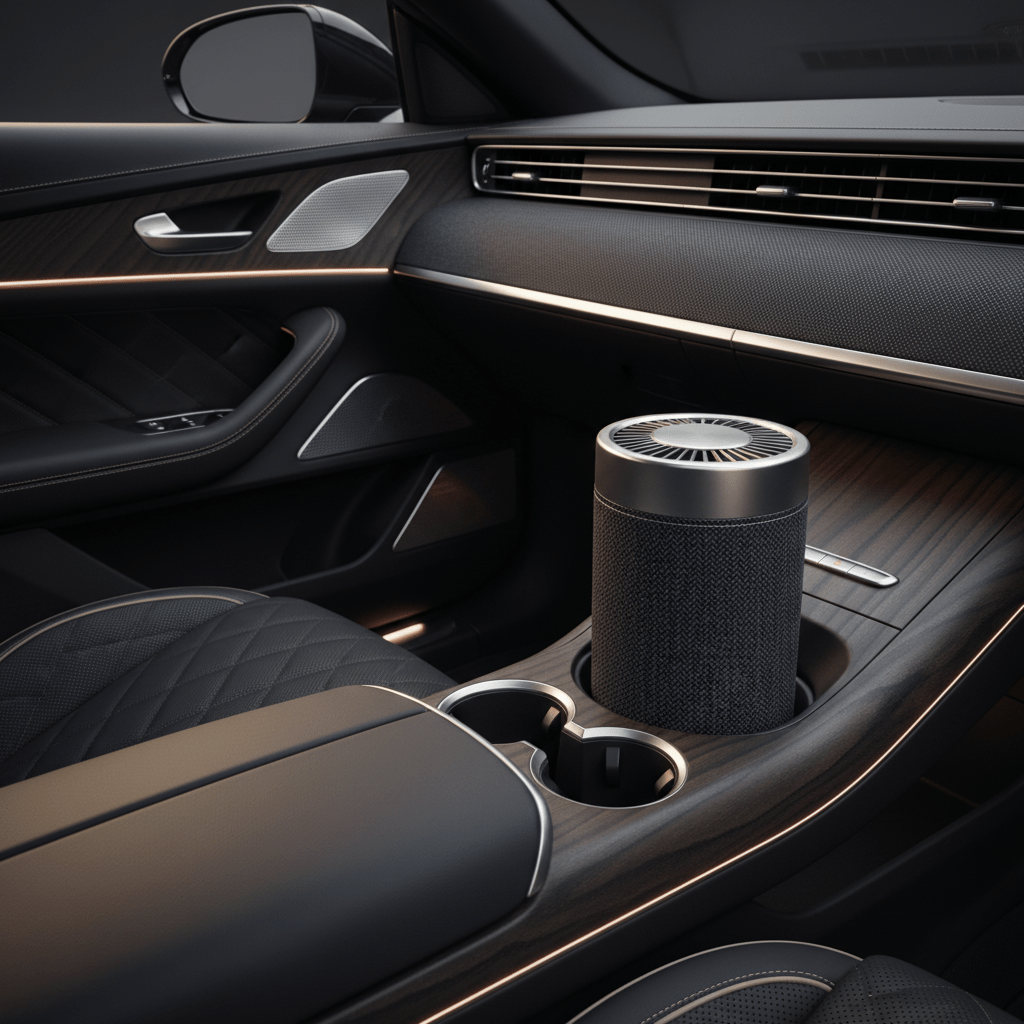 Modern luxury car air purifier crafted with acoustic fabric and leather detailing.
