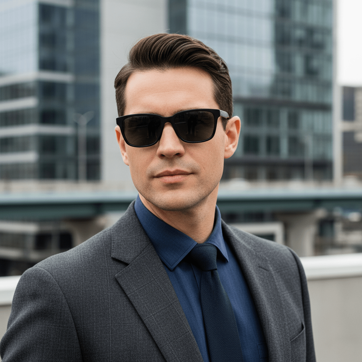 Man wearing angular cat-eye sunglasses on urban rooftop, matte finish.