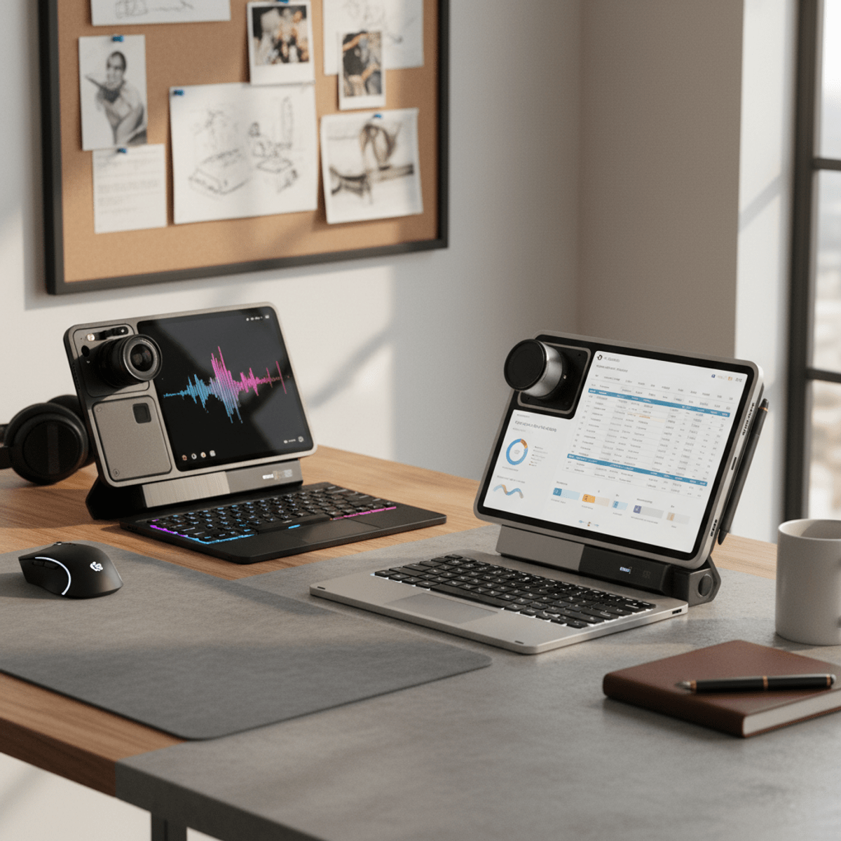 Two modular tablets with keyboards on contrasting desks, one for content creation, one for business.