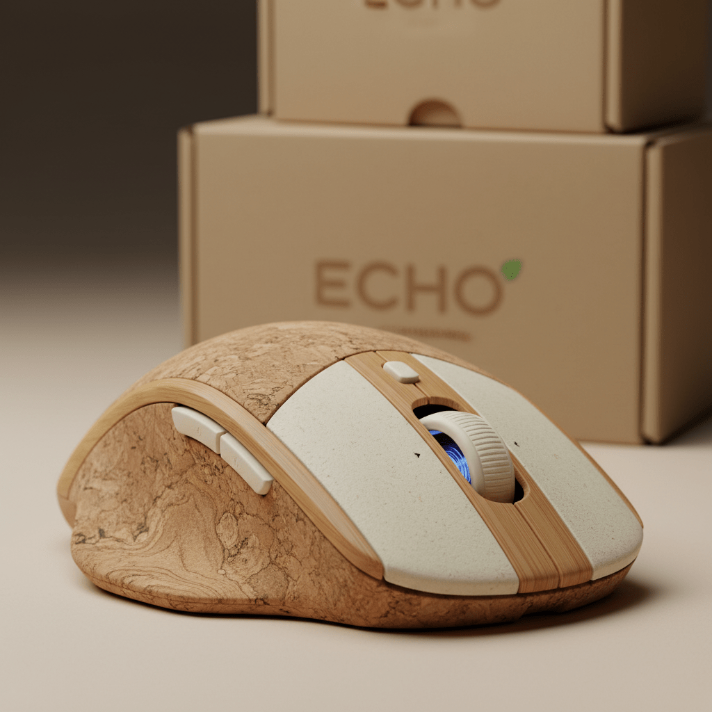 Macro shot of a sustainable trackball mouse made of compressed cork and bamboo.