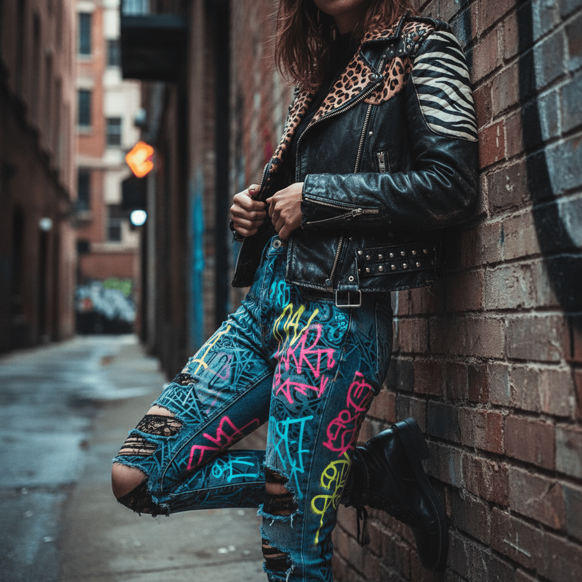 Model in distressed denim with geometric patterns and neon graffiti, inspired by 80s rock fashion.