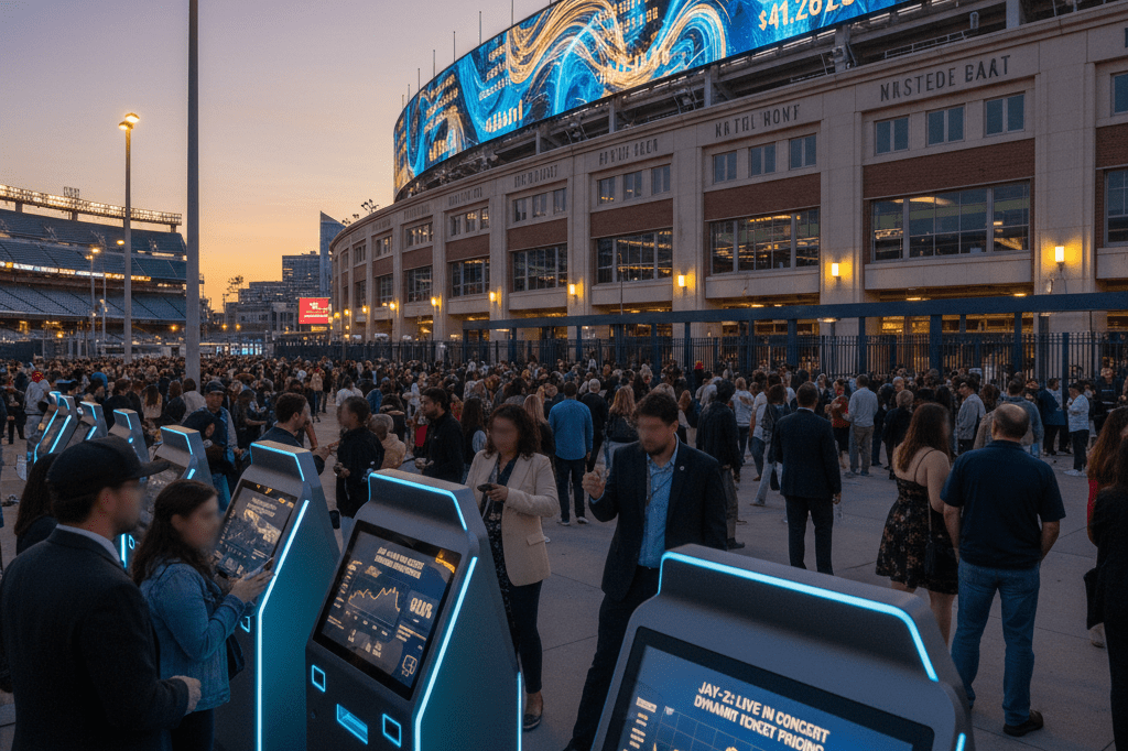 Entrance scene at Yankee Stadium for Jay-Z's anniversary concert series Wide-angle view of Yankee Stadium's entrance during a high-profile concert event, highlighting digital ticket kiosks and animated pricing displays