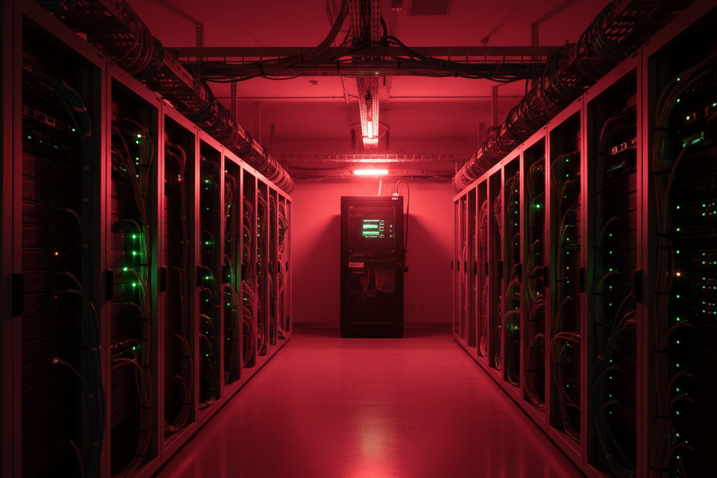 Modern office server room lit by emergency lights, showcasing potential cybersecurity risks during power disruptions