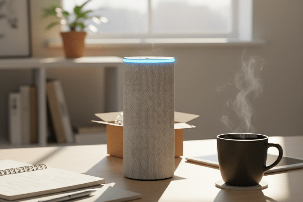 Desk with an Amazon Echo device, notepad, and coffee mug under warm ambient light, symbolizing voice commerce evolution
