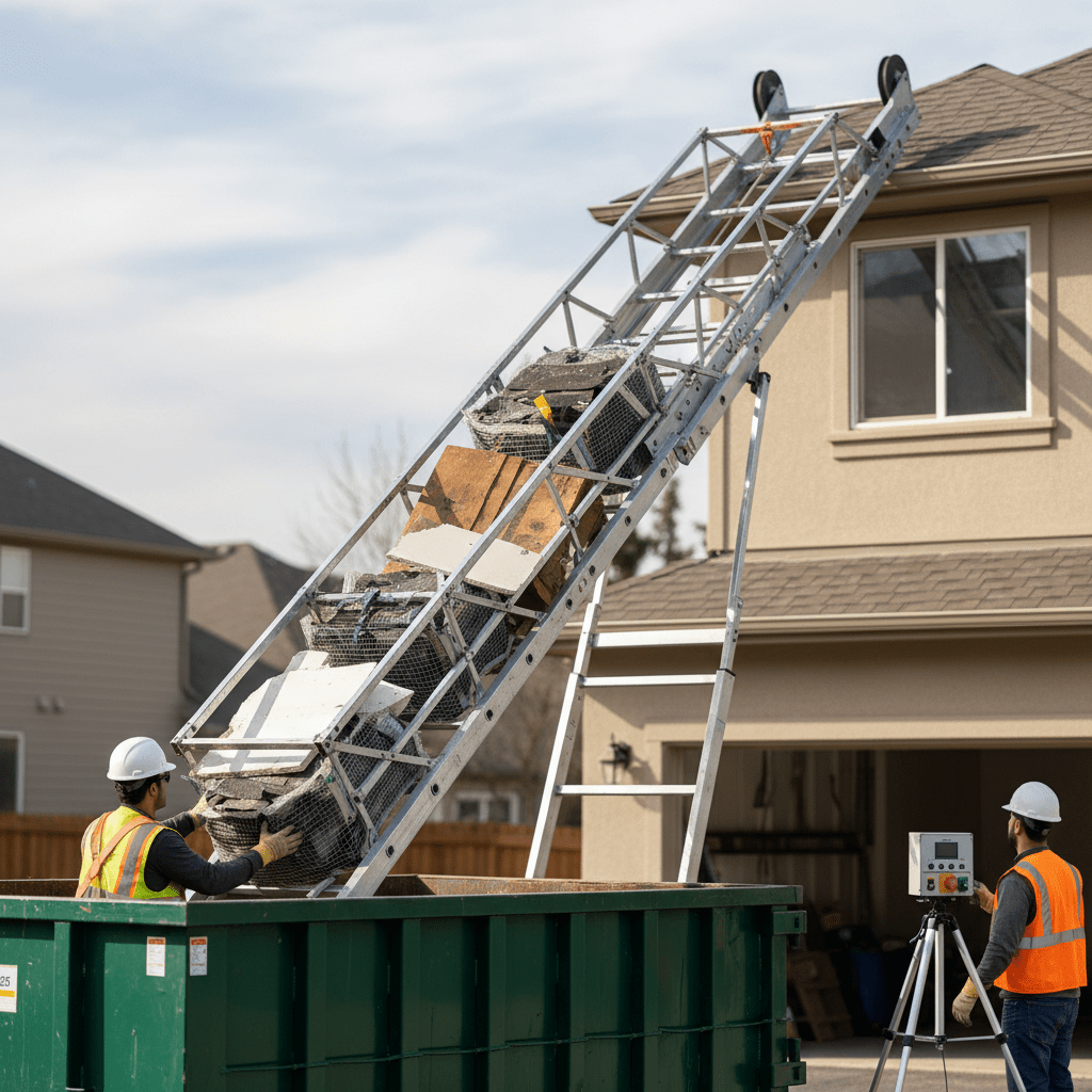 Ladder hoist lowers construction debris into a dumpster during residential renovation.