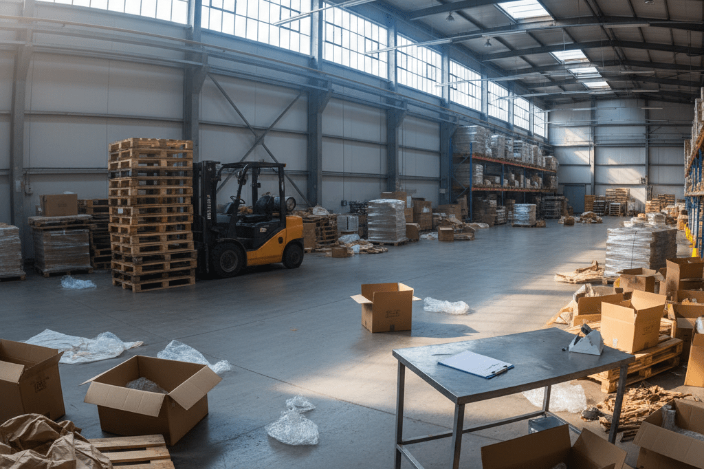 Industrial warehouse showing signs of disrupted logistics operations Busy warehouse interior with scattered boxes and idle equipment under natural light, reflecting operational challenges from regional instability