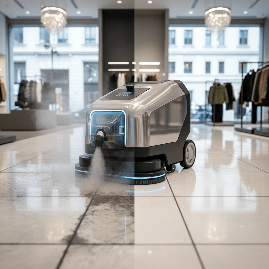 Futuristic floor scrubber uses steam and vacuum to clean grout lines on glossy tiles.