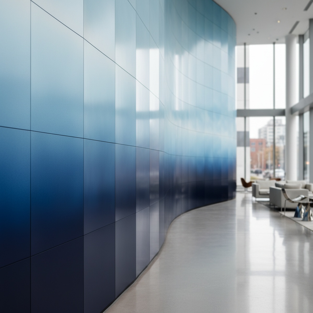 Large-scale gradient architectural panels with smooth ombre transition in a hotel lobby.