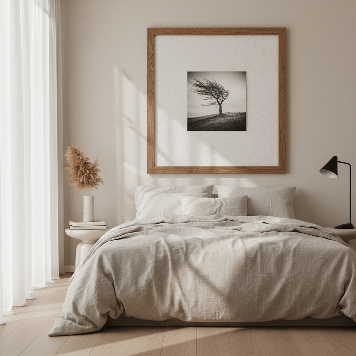 Black and white art in a wooden frame above a neutral linen bed.