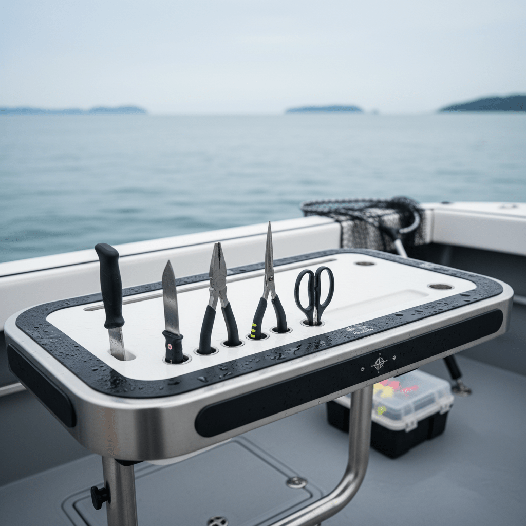 Sleek fishing table with embedded magnets securely holding tools on a modern boat.