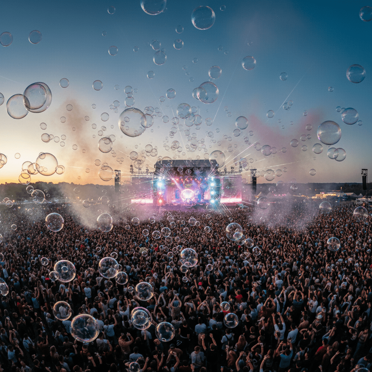 Thousands at outdoor festival with shimmering fog bubbles under dramatic stage lights.