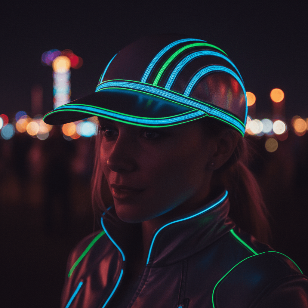 Futuristic cap with bio-luminescent threads and pulsing electric blue neon green glow.