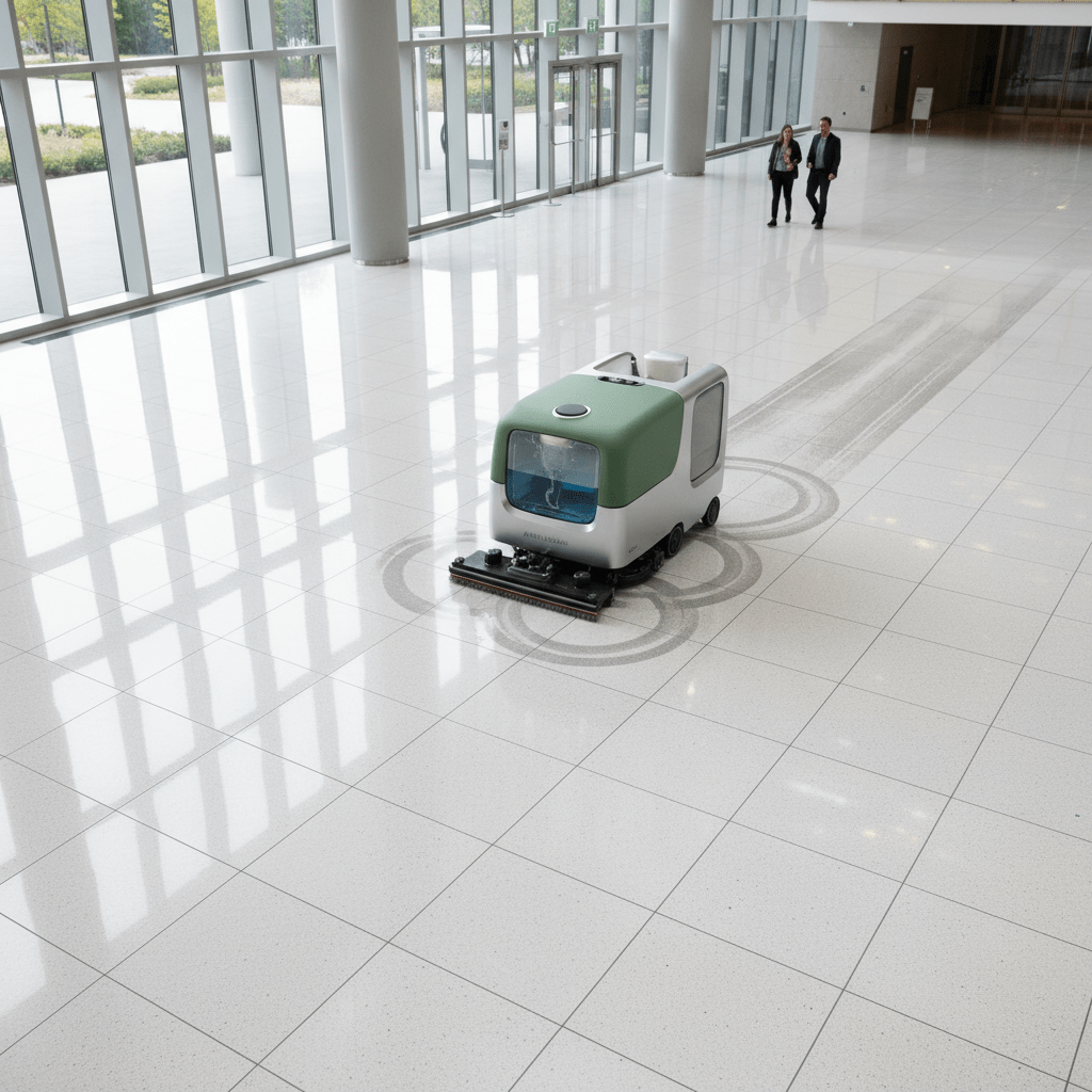 Modern tile floor scrubber creating orbital patterns on a large lobby floor.