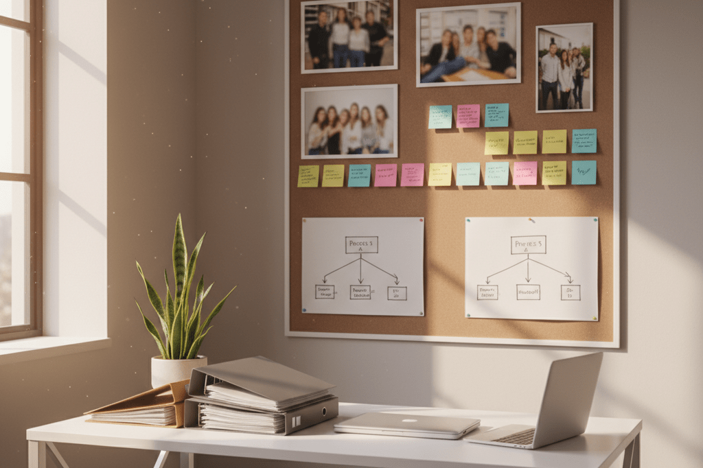 Wide shot of a tidy office desk with documents and corkboard under natural light, representing systematic succession planning