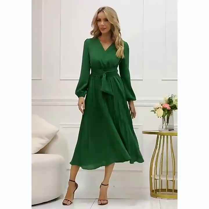 Groothandel Dames Mode Lange Mouw Geplooide V-Hals Effen Kleur