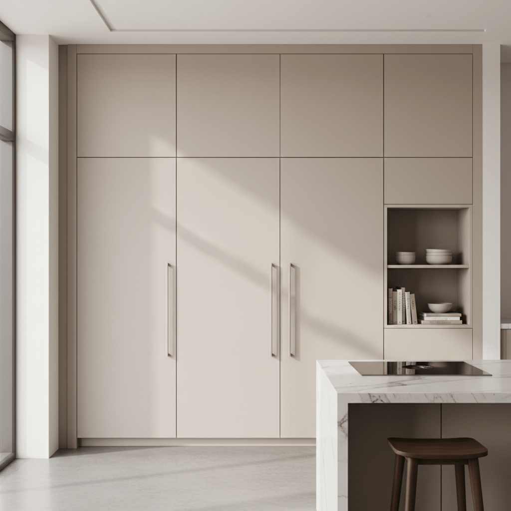 Seamlessly integrated refrigerator into custom floor-to-ceiling matte cabinetry.