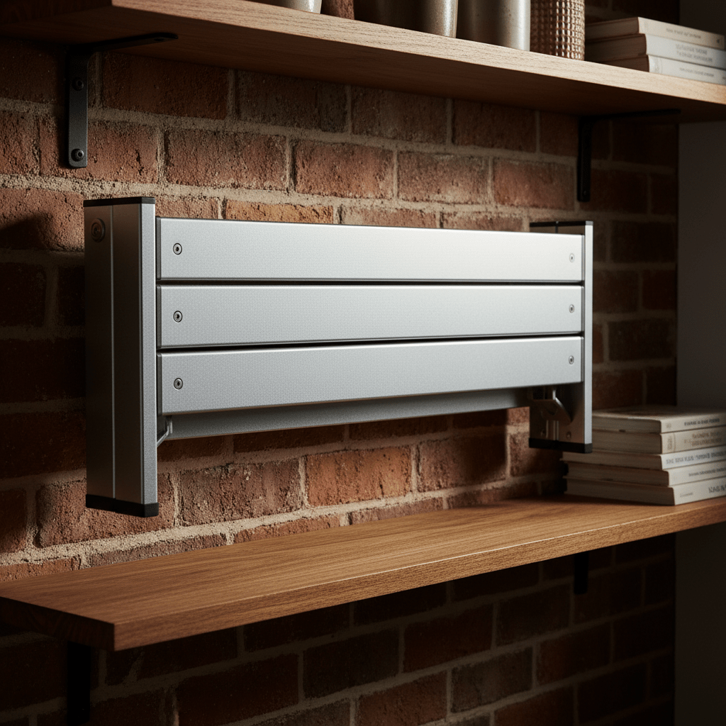 Fully collapsed brushed silver folding ladder hanging flush against a modern pantry wall.