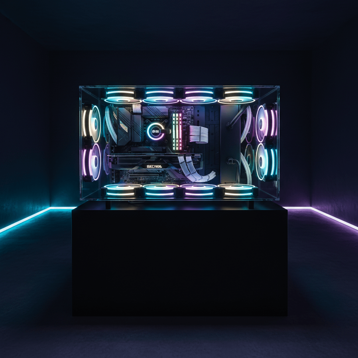 Futuristic PC case with 360-degree glass view and vibrant RGB lighting.