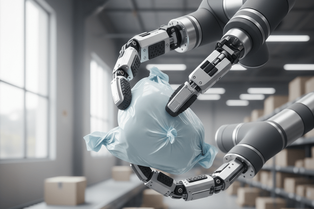 Close-up of smart gripper adjusting grip on an irregular item under natural light, showcasing adaptive technology in logistics