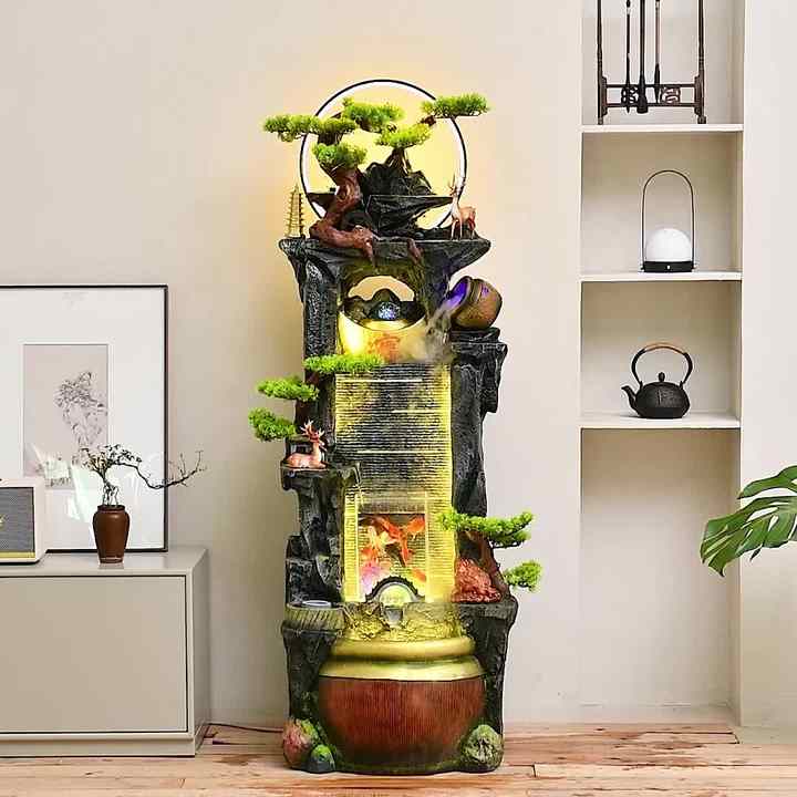 CHENYISHI Luxury Indoor Water Fountain Feng Shui Fortune Pot Design with  Bonsai Tree Cascading Waterfall and Fish Tank