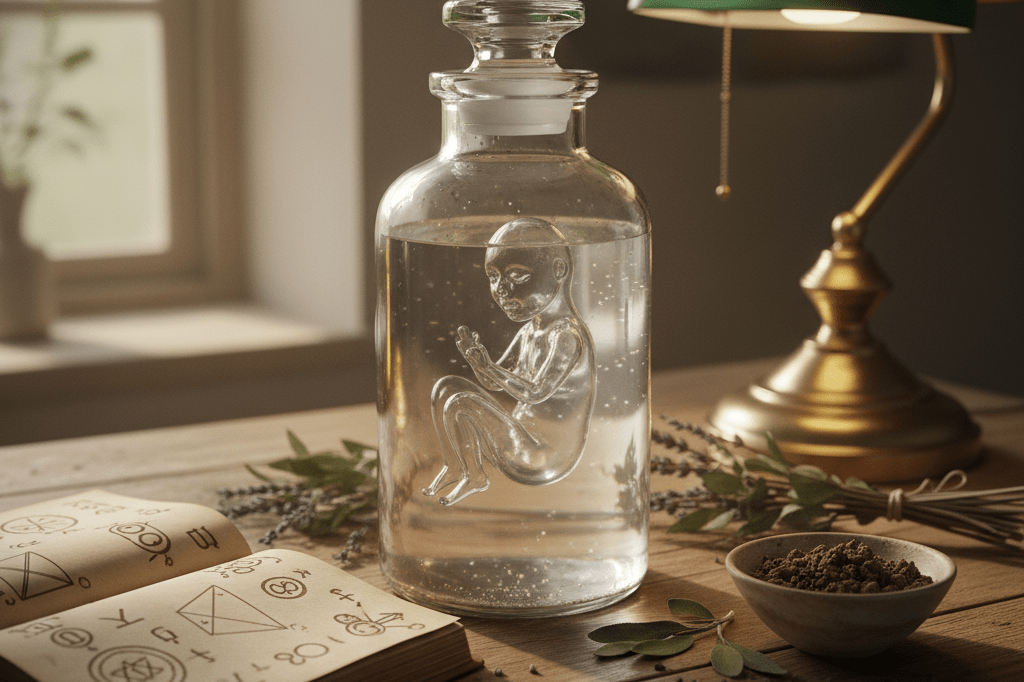 Antique apothecary jar containing a miniature glass homunculus figure with organic alchemical elements nearby Medium shot of an old glass jar on a wooden table with a tiny abstract glass figure inside and dried herbs and sketchbook nearby