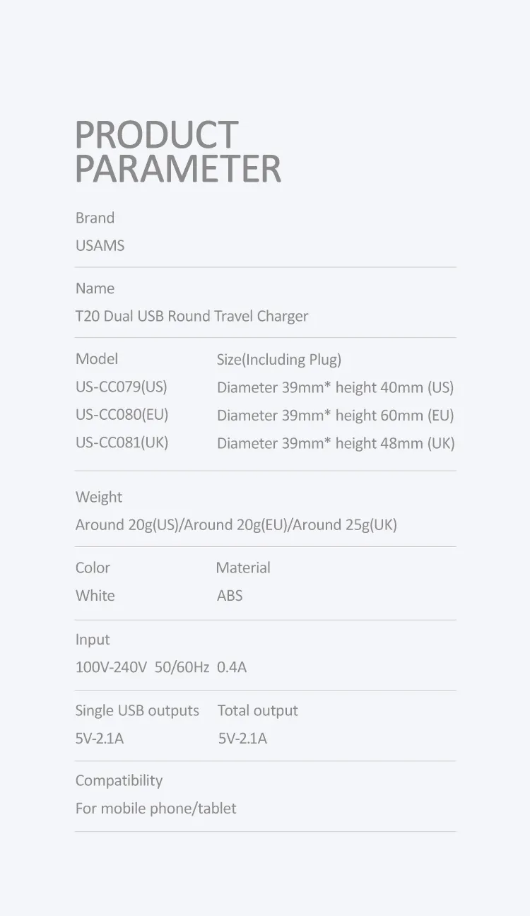 USAMS T20 Dual USB 2.1A Portable Round Fast Wall Charger