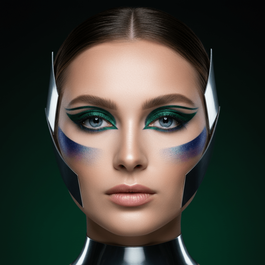 Model with emerald green reverse cat-eye eyeliner and jewel-tone pigment on lashes.