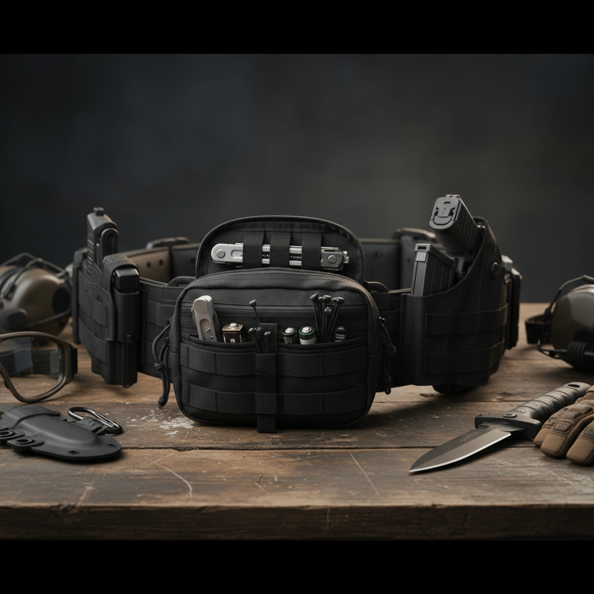 Fully equipped airsoft battle belt with utility pouch on weathered wood.